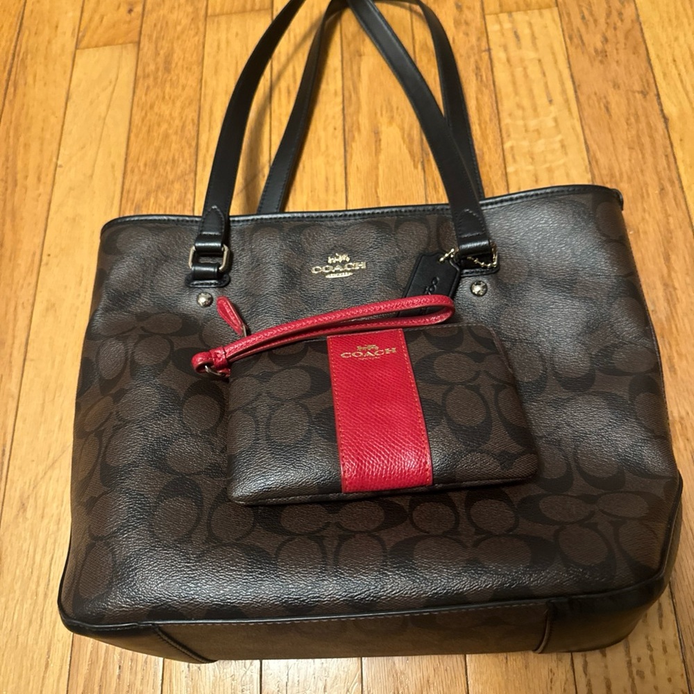 Coach Brown and Red Tote with Signature Design